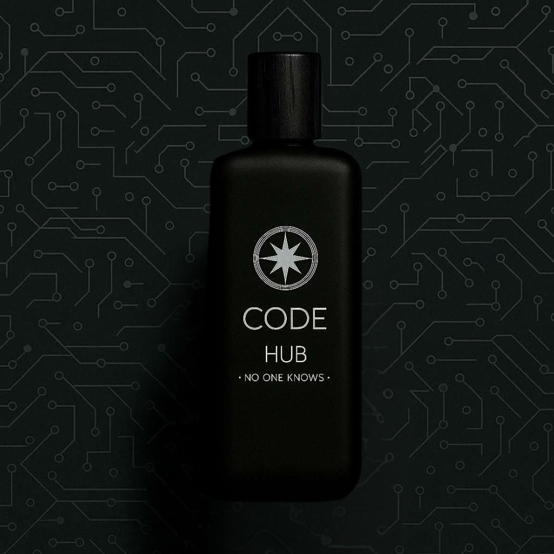 Black bottle with 'CODE HUB' branding on a dark background with circuit board pattern