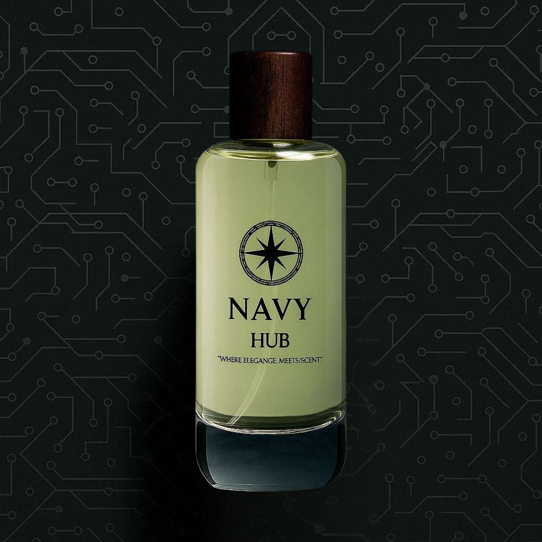 Bottle of 'Navy Hub' on a dark background with circuit board design