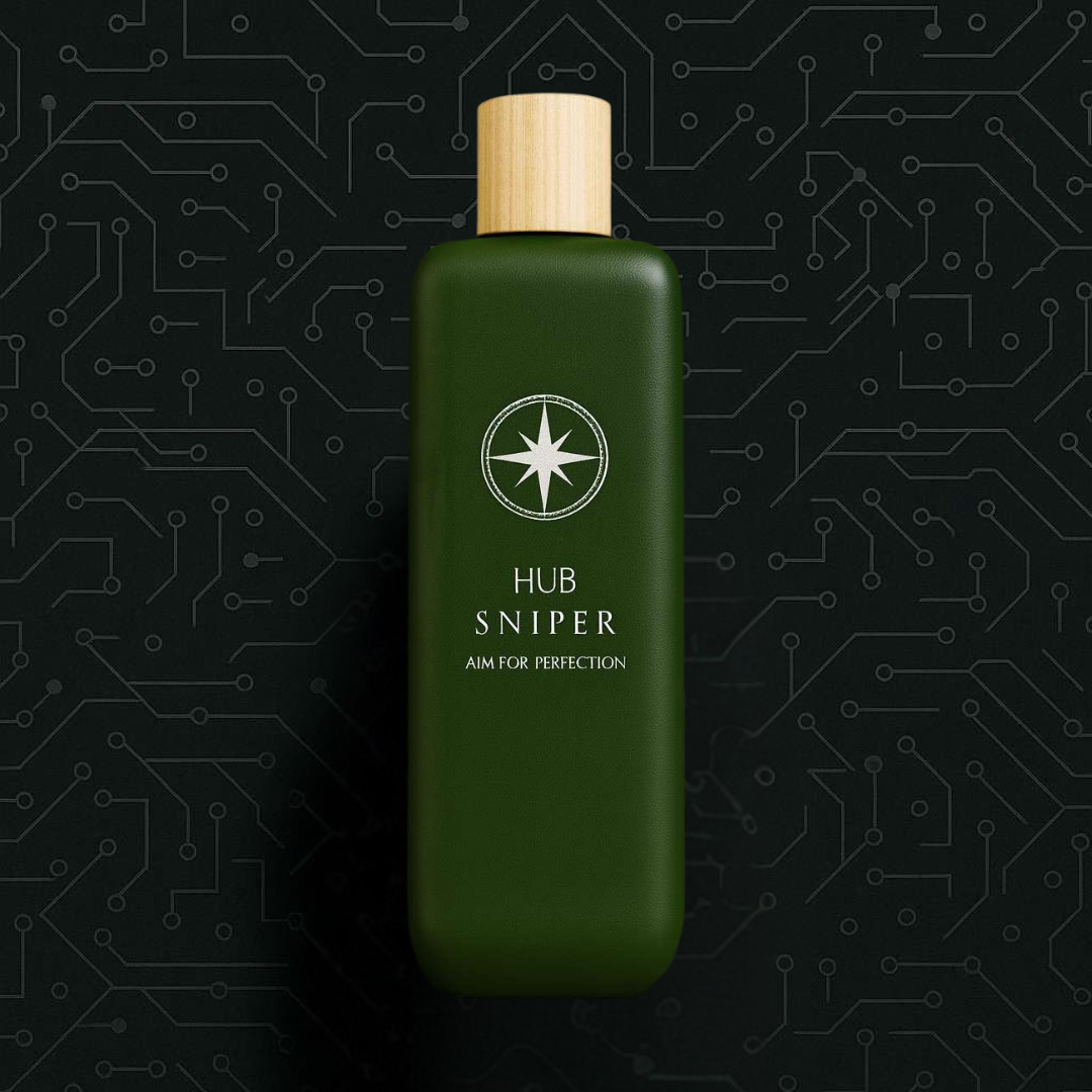 Green bottle with gold cap on a black background with circuit board pattern